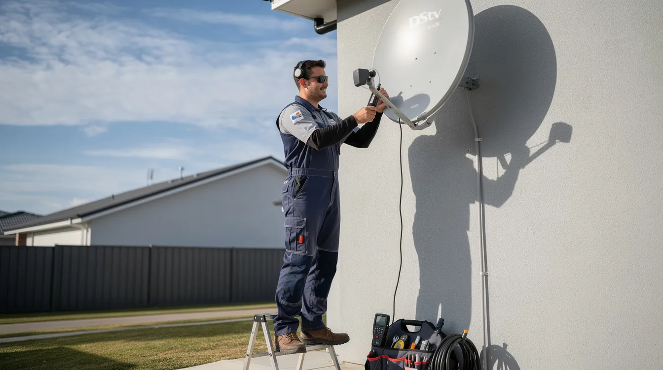 A technician is using a meter to align a DStv satellite dish, ensuring a stronger signal for optimal TV viewing. The technician is focused on adjusting the dish's position while checking the signal quality, which is crucial for resolving any signal problems.
