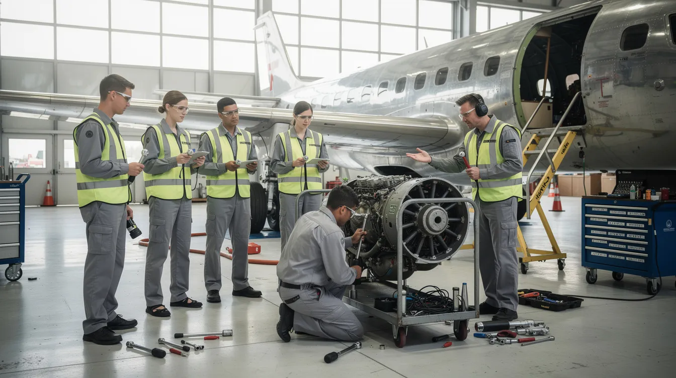 A group of aircraft maintenance students is practicing with various tools inside a hangar, focusing on hands-on training essential for their aviation maintenance course. They are preparing for their FAA certification exams, engaging in both oral and practical test prep to enhance their skills in general airframe and powerplant mechanics.