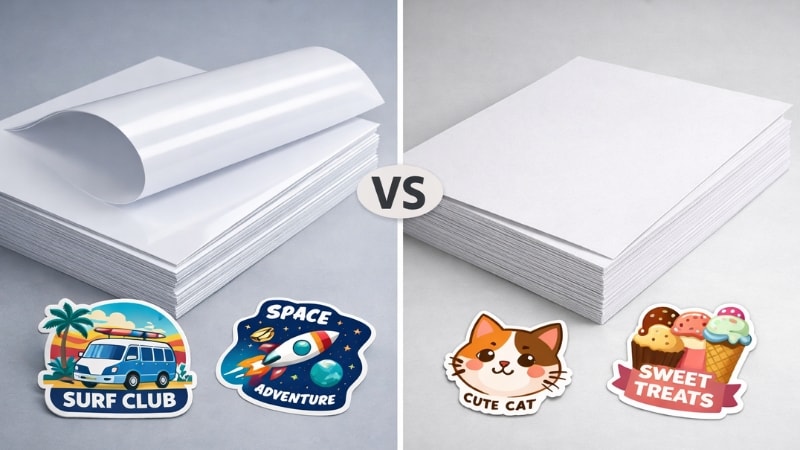 Side by side comparison of vinyl and paper stickers