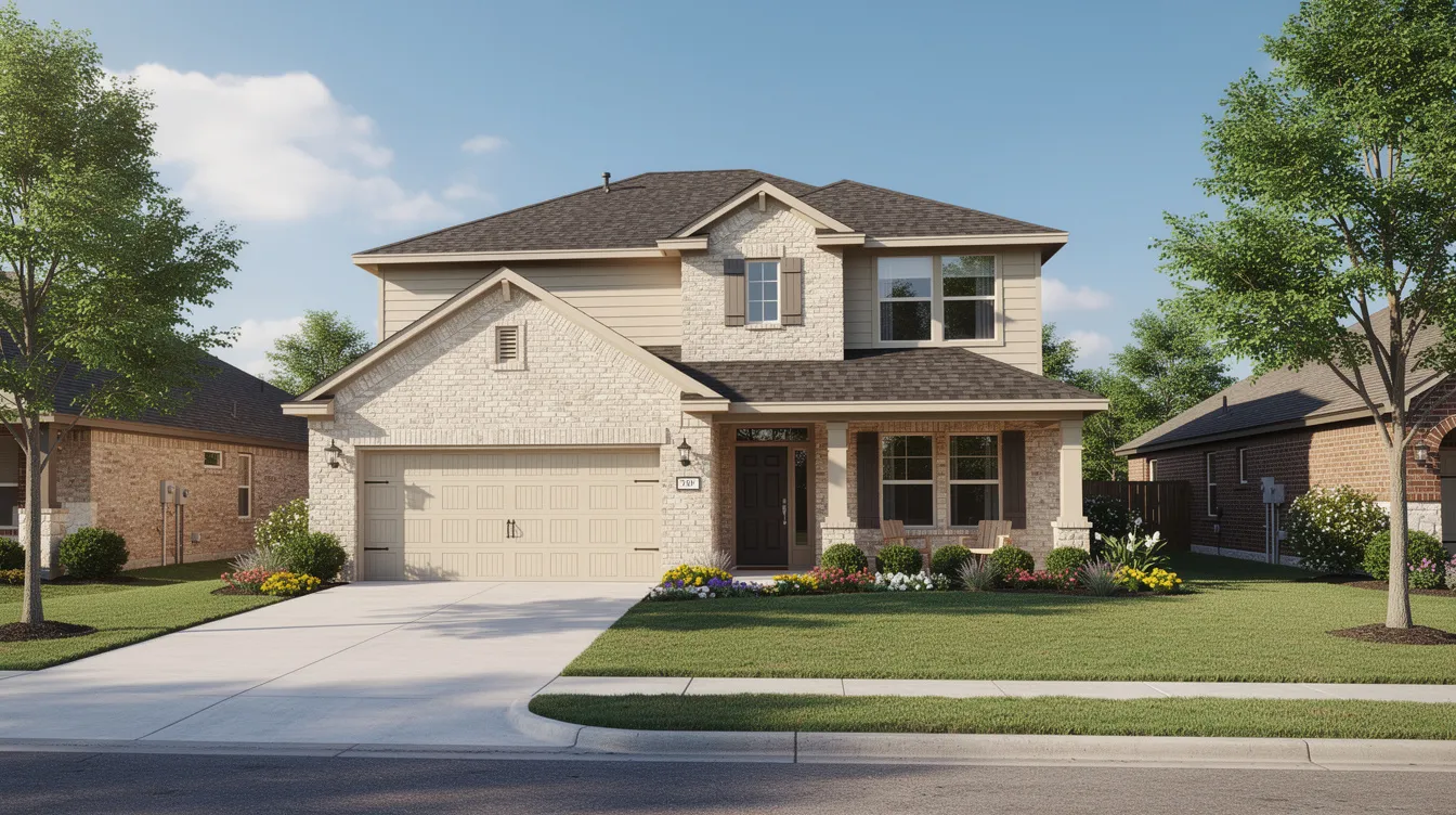 A charming two-story residential home with well-maintained landscaping is set in a sunny suburban Texas neighborhood. The house features an energy-efficient HVAC system, ideal for providing optimal humidity control and cooling costs during the hot summer months.