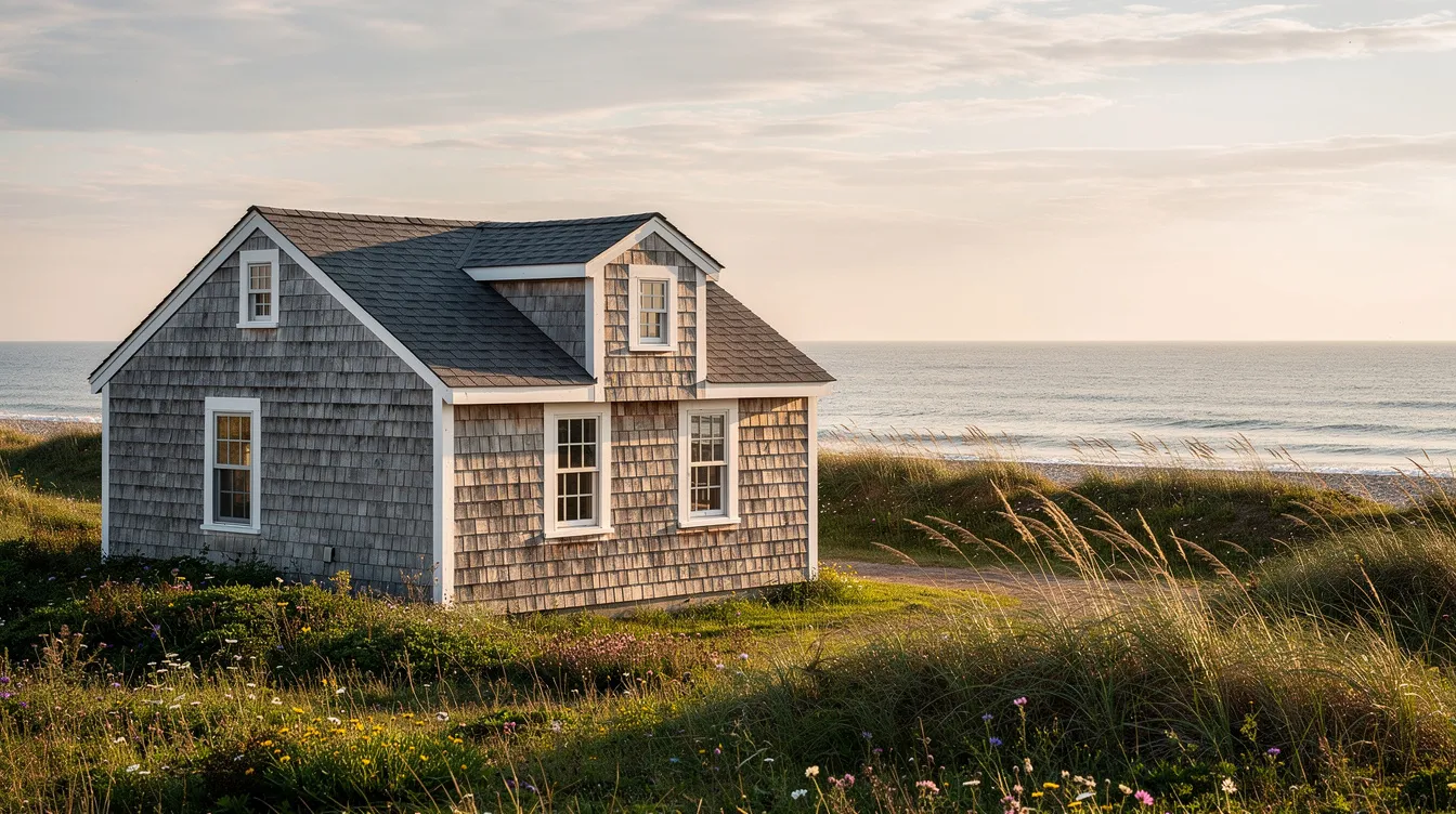 The image depicts a charming coastal cottage with weathered shingles, nestled near the water, with the ocean visible in the background. This inviting waterfront property exemplifies the allure of coastal homes in Connecticut, perfect for those considering the total costs of homeownership, including property taxes and homeowners insurance.