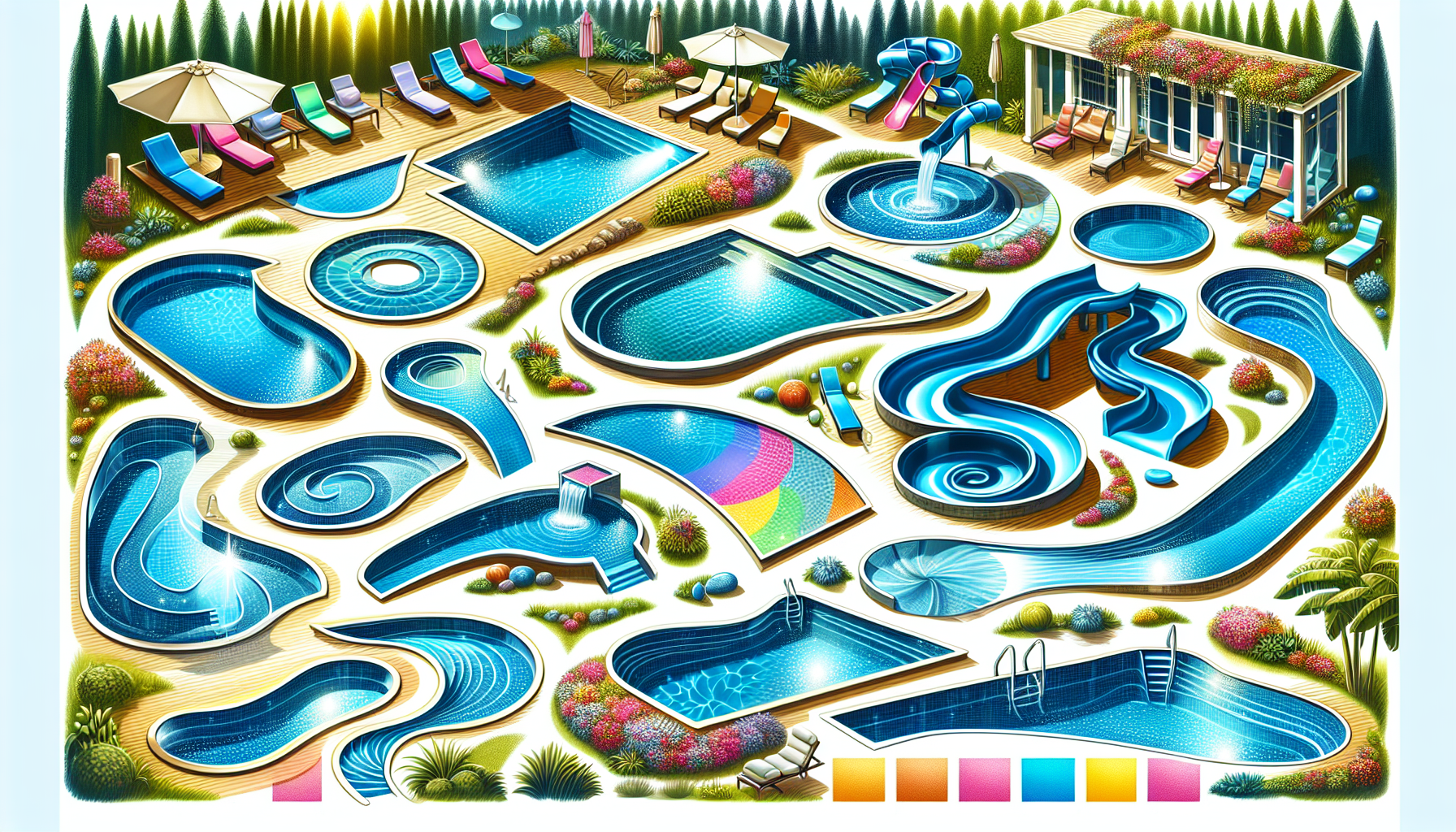 An illustration showcasing customizable fiberglass pool designs.