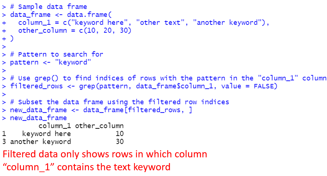 grep() function can be used to filter dataframes
