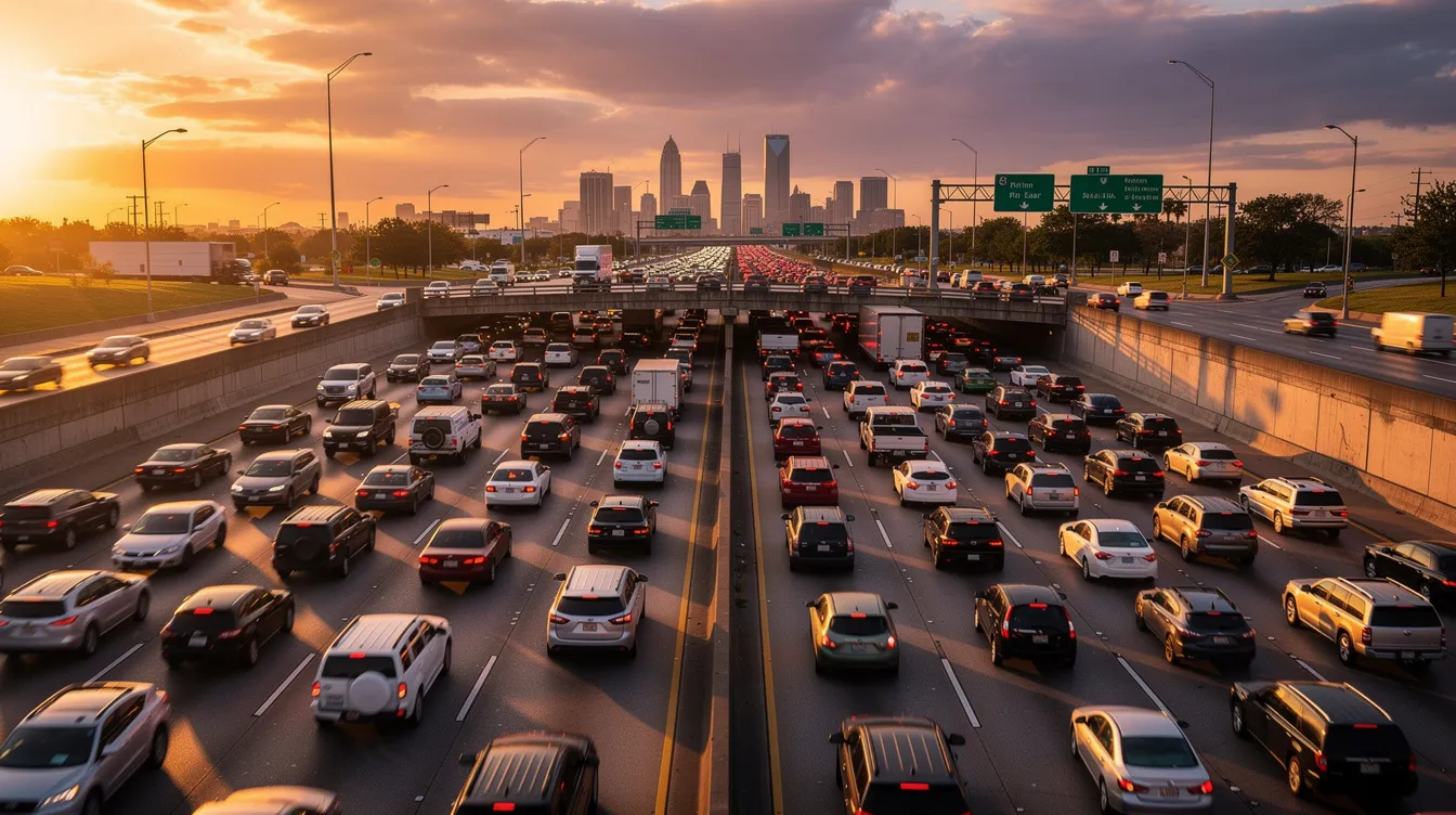 The image depicts heavy traffic on a Houston highway at sunset, with numerous vehicles lined up under a colorful sky. This scene highlights the potential for accidents and the importance of hiring an abogado de accidentes de tráfico en Houston to assist victims of accidents.