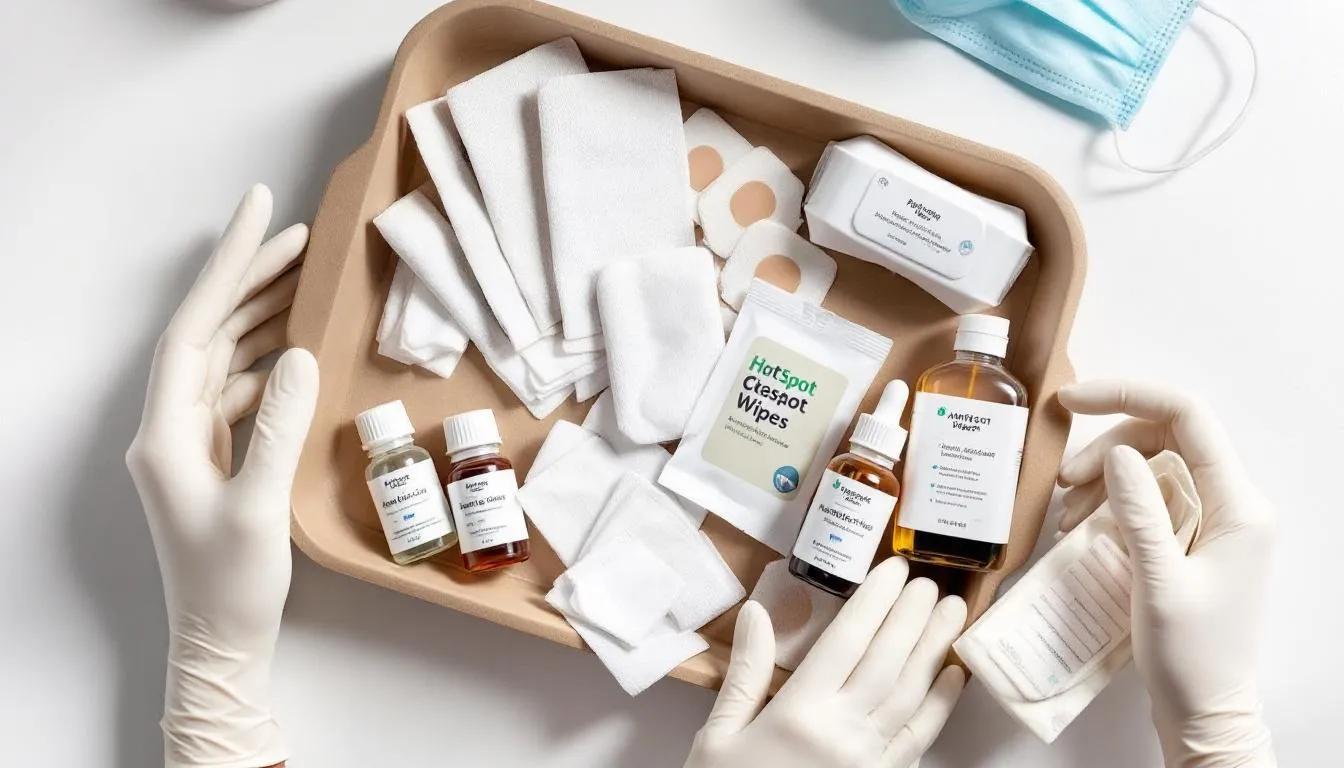 The image displays a variety of hot spot treatment supplies, including topical medications, cleaning solutions, and protective gear, essential for treating dog hot spots, also known as acute moist dermatitis. These items help manage skin inflammation and promote healthy skin during the hot spot healing stages.