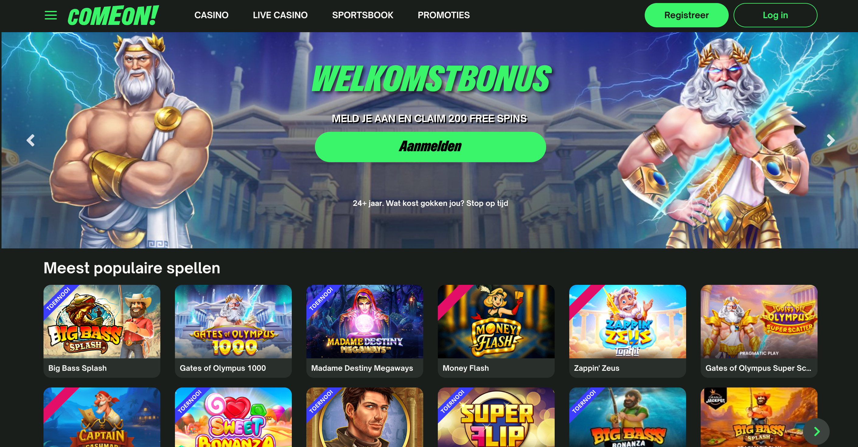 Homepage van ComeOn!, een van de legale Nederlandse goksites, met casino spellen, welkomstbonus en opties voor online gokken in Nederland via een platform met vergunning van de Kansspelautoriteit.