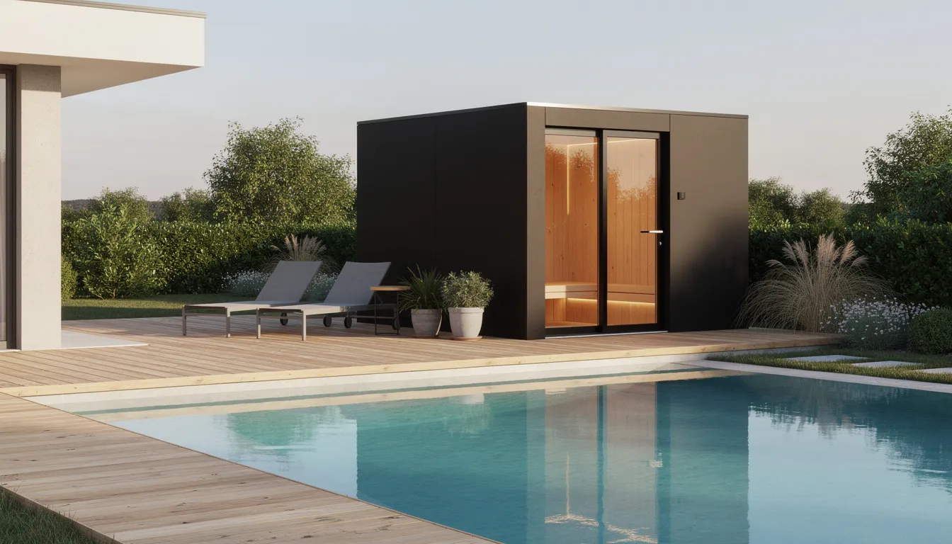 The image depicts a modern outdoor cube sauna with a sleek black exterior, strategically placed near a backyard pool and deck, enhancing the overall aesthetic appeal of the space. This sauna design embodies the essence of Finnish sauna culture, providing a perfect spot for relaxation and wellness benefits after a swim.