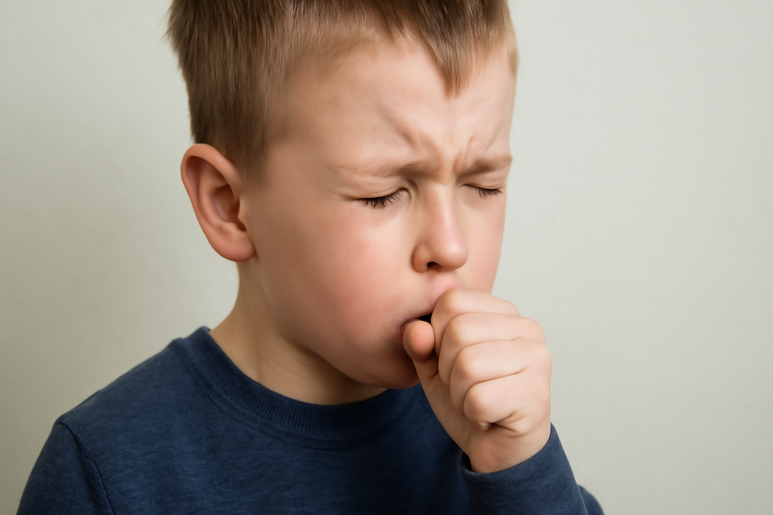 Ung gutt hoster i hånden, tydelig ubehag.