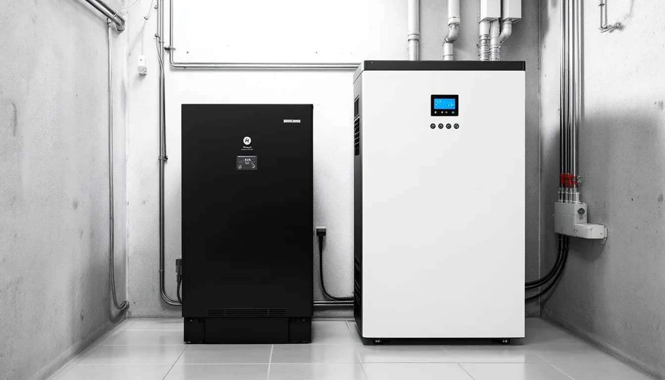 Im Bild sind moderne Batteriespeicher neben einem PV-Wechselrichter in einem Schweizer Keller zu sehen. Diese Installation unterstützt die Energiewende und könnte für Eigenheimbesitzer von Interesse sein, insbesondere im Hinblick auf die Abschaffung des Eigenmietwerts und die damit verbundenen steuerlichen Vorteile.