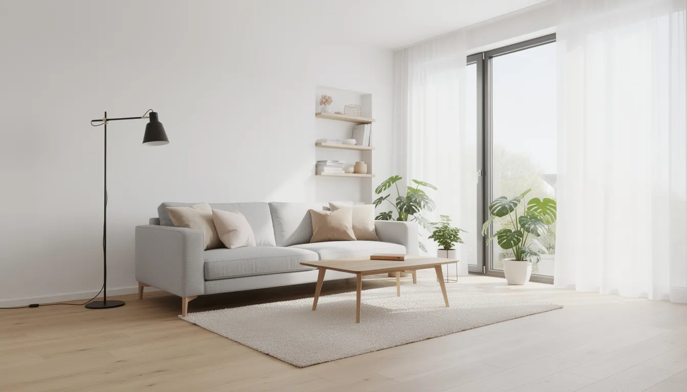 Jasny salon w stylu skandynawskim z dużymi oknami i drewnianą podłogą, idealny do relaksu w cichej przestrzeni. Mieszkanie położone w klimatycznej dzielnicy Żoliborz w Warszawie, z panoramicznym widokiem na miasto.