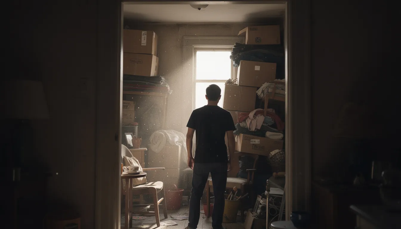 A person stands in a doorway, gazing into a cluttered room filled with stacked cardboard boxes and various items, illustrating the challenges of hoarding disorder. This scene highlights the overwhelming nature of hoarding behavior and the need for support from mental health professionals to help manage the clutter and regain control of their space.