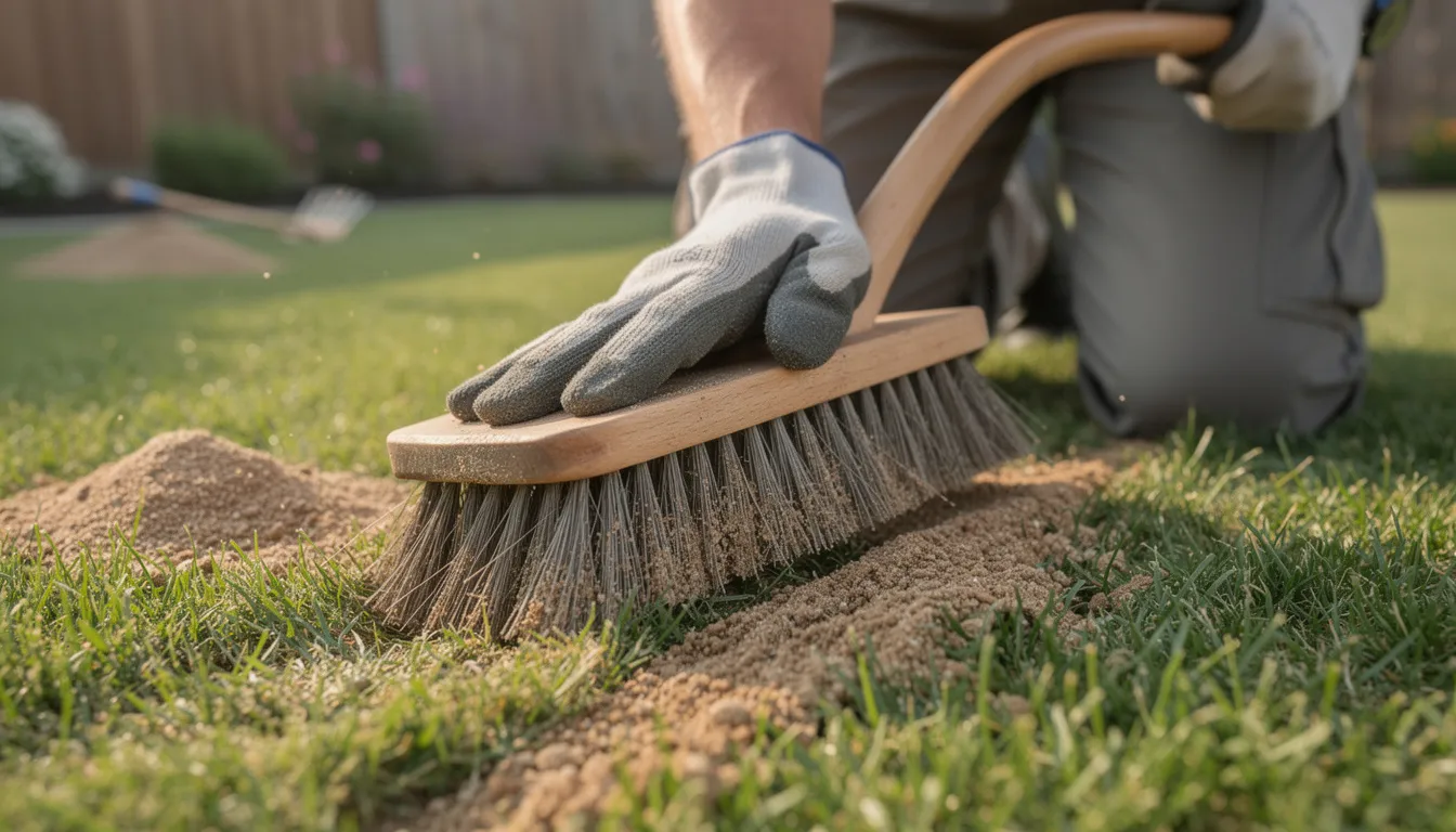 A person is using a stiff bristled brush to work top dressing material into the grass of an existing lawn, aiming to improve drainage and promote healthy lawn growth. The scene showcases the application process of lawn topdressing, which enhances the lawn's appearance and aids in creating a level surface.