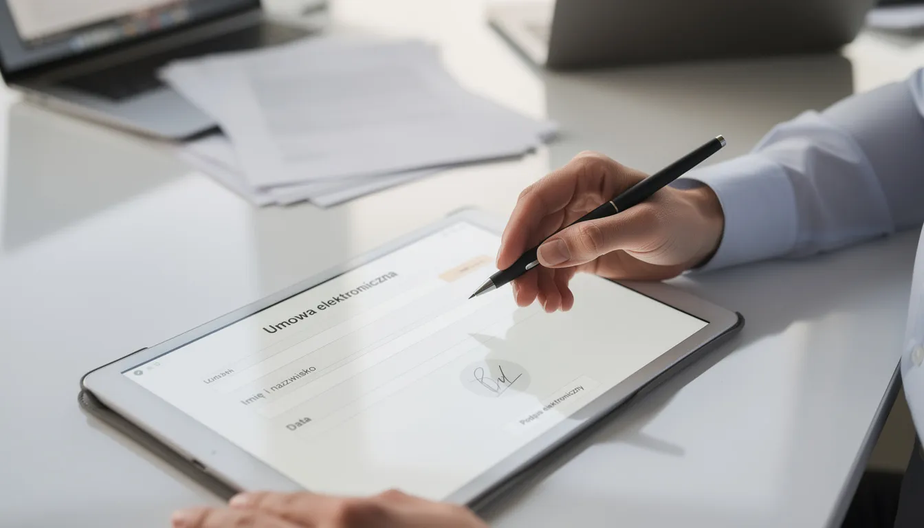 Na zdjęciu widoczna jest osoba podpisująca dokumenty elektronicznie na tablecie, co może dotyczyć umowy faktoringowej. Taki sposób podpisywania umożliwia szybkie uzyskanie finansowania faktur oraz zarządzanie zobowiązaniami finansowymi w bieżącej działalności gospodarczej.