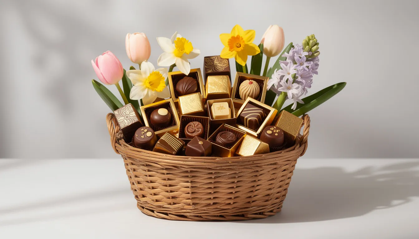 Na obrazku znajduje się elegancki kosz prezentowy, wypełniony różnorodnymi czekoladkami, pralinami oraz wiosennymi kwiatami, idealny na wielkanocne prezenty. Całość jest starannie ułożona i ozdobiona wstążką, co czyni go doskonałym upominkiem na święta wielkanocne.