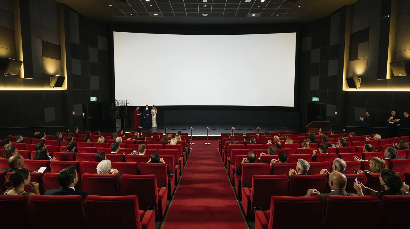 Das Bild zeigt ein großes Kino-Auditorium mit roten Sitzen, das für eine Filmpremiere vorbereitet ist. Im Vordergrund ist die große Leinwand zu sehen, während sich die Atmosphäre mit erwartungsvollen Zuschauern und einem Hauch von Hollywood-Stars füllt.