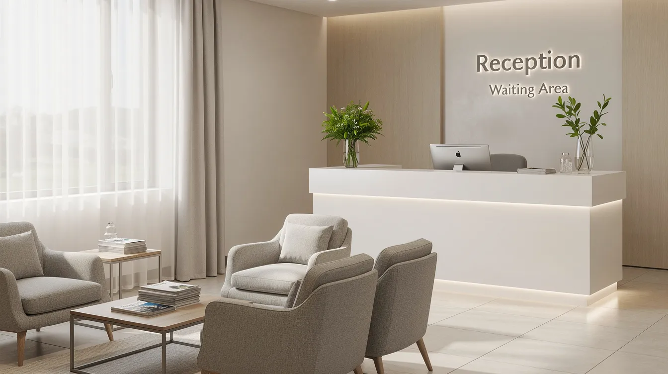 The image depicts a clean, modern medical office reception area featuring soft lighting and comfortable seating, creating a welcoming atmosphere for patients seeking beauty treatments like lip fillers and lip augmentation. The space is designed to ensure a pleasant experience, reflecting a focus on natural beauty and patient comfort.
