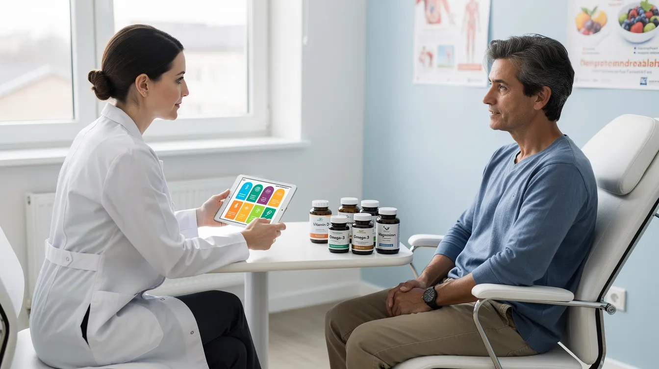 A person is seated in a medical office, engaged in a consultation about NMN supplementation with a healthcare professional. The discussion likely covers topics such as liposomal NMN versus powdered forms, optimal NMN dosage, and the benefits of sublingual delivery for enhanced absorption.