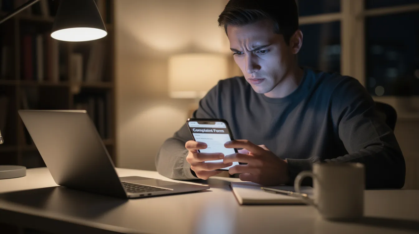 A person is using a smartphone to file an online complaint regarding their experience with a bank or financial institution, possibly related to mudra loans or other financial assistance. The individual appears focused, indicating the importance of addressing their concerns about previous loans or the loan application process.