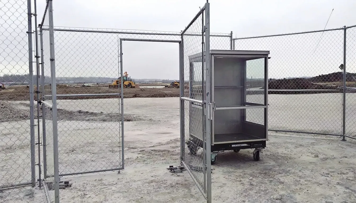 An anti-vandal unit is prominently positioned on a construction site, surrounded by security fencing, showcasing portable cabins and modular buildings that serve as offices and meeting rooms. This setup is designed to meet various customer requirements, providing a secure space for work and pride in maintaining site safety.