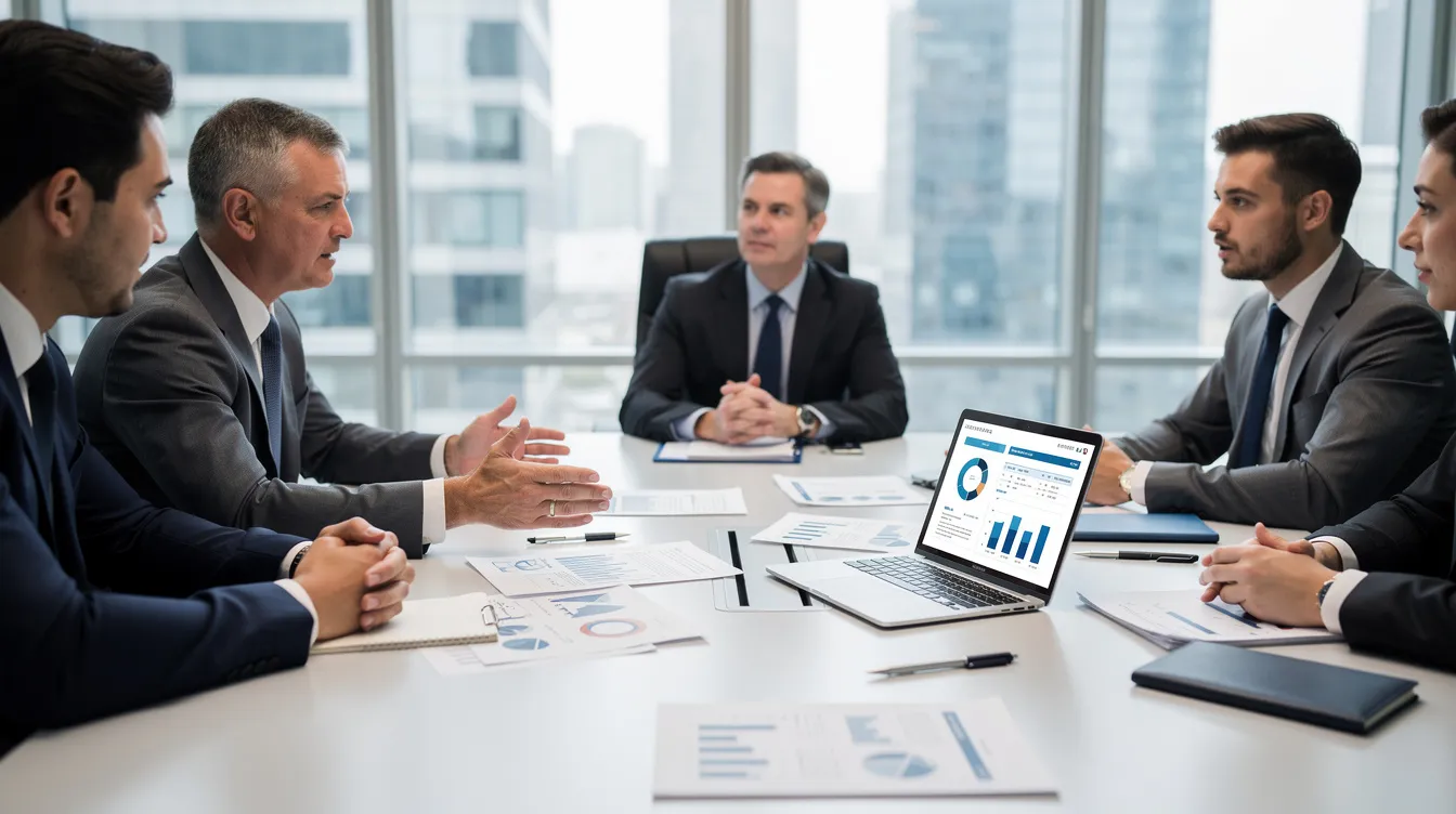 The image depicts a professional business meeting with a laptop and various documents spread across a table, suggesting discussions around business plans and immigration matters, such as the E2 visa application process for foreign nationals. This setting likely involves immigration attorneys guiding clients through the complexities of obtaining work authorization and permanent residency in a treaty country.
