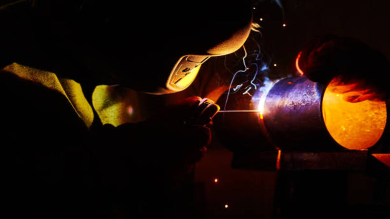 A welding expert using 6G welding position for welding a cylinder. 