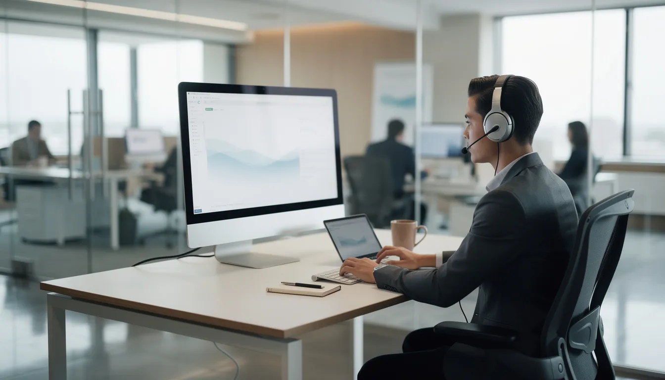 A person is wearing a Yealink WH62 wireless headset while working at a computer in a modern office environment, showcasing the headset's dual connectivity and HD voice quality for distraction-free conversations. The workspace is equipped for video conferencing and enhances communication quality, allowing for seamless interaction across major UC platforms.