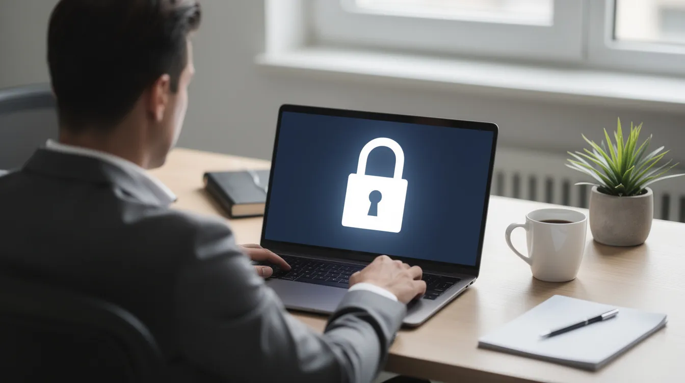 A person is seated at a desk, focused on a laptop screen that prominently displays a padlock icon, symbolizing security and the importance of protecting account information. This image may evoke concerns about legal liability and the need for valid power when managing personal data online.