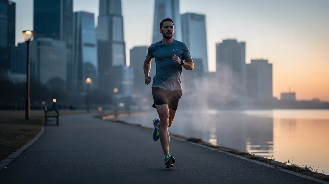 A person is jogging outdoors in the early morning, with a city skyline in the background, symbolizing the journey of moving forward in life. This scene captures the essence of physical activity as a healthy way to cope with stress and negative emotions, while embracing new habits and creating precious moments in everyday life.