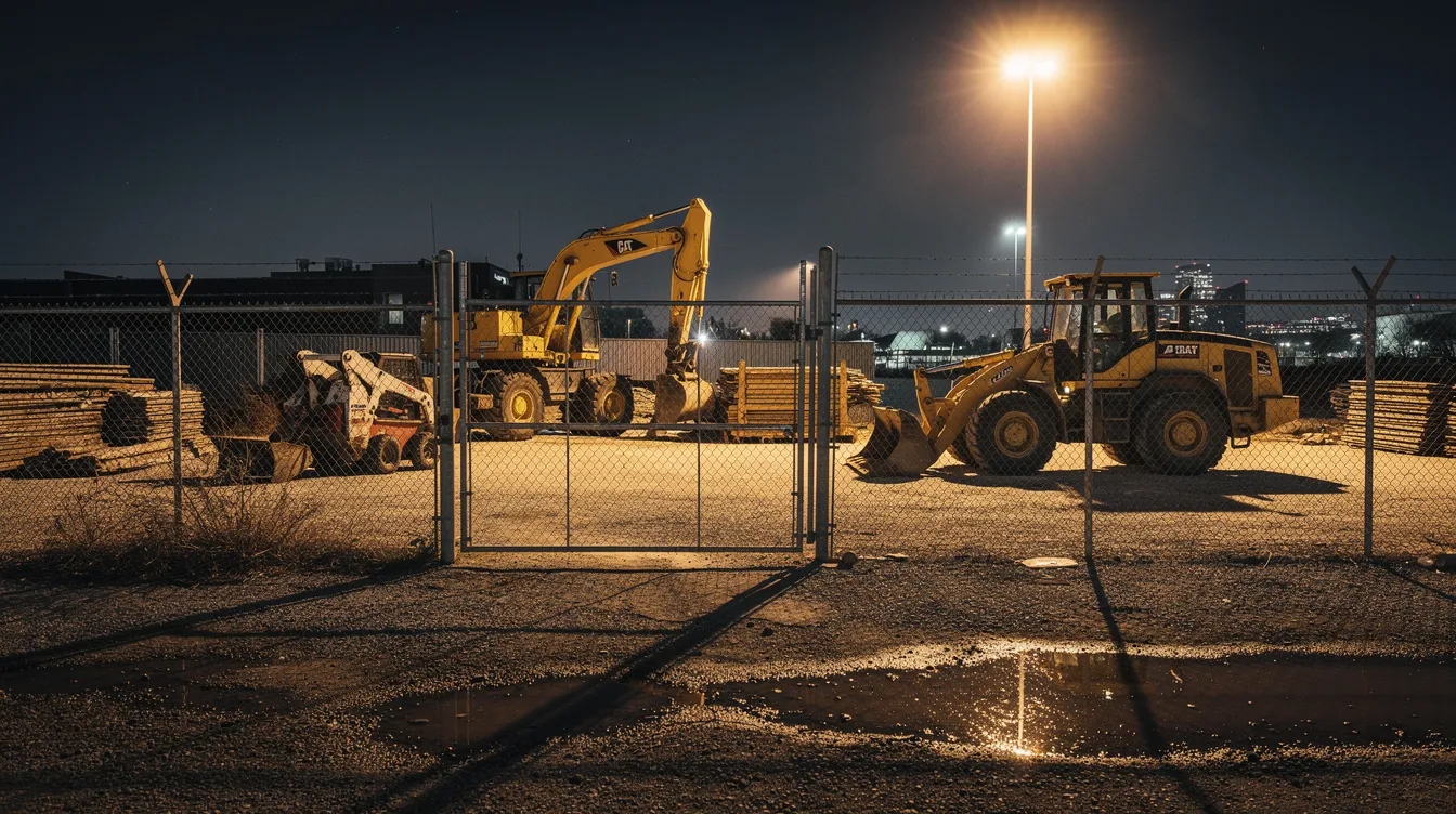 The image shows construction equipment parked within a fenced yard at night, illuminated by security lights, emphasizing the physical location of valuable assets. This setup is ideal for fleet management, utilizing geofencing technology to ensure the security of equipment and optimize operations.