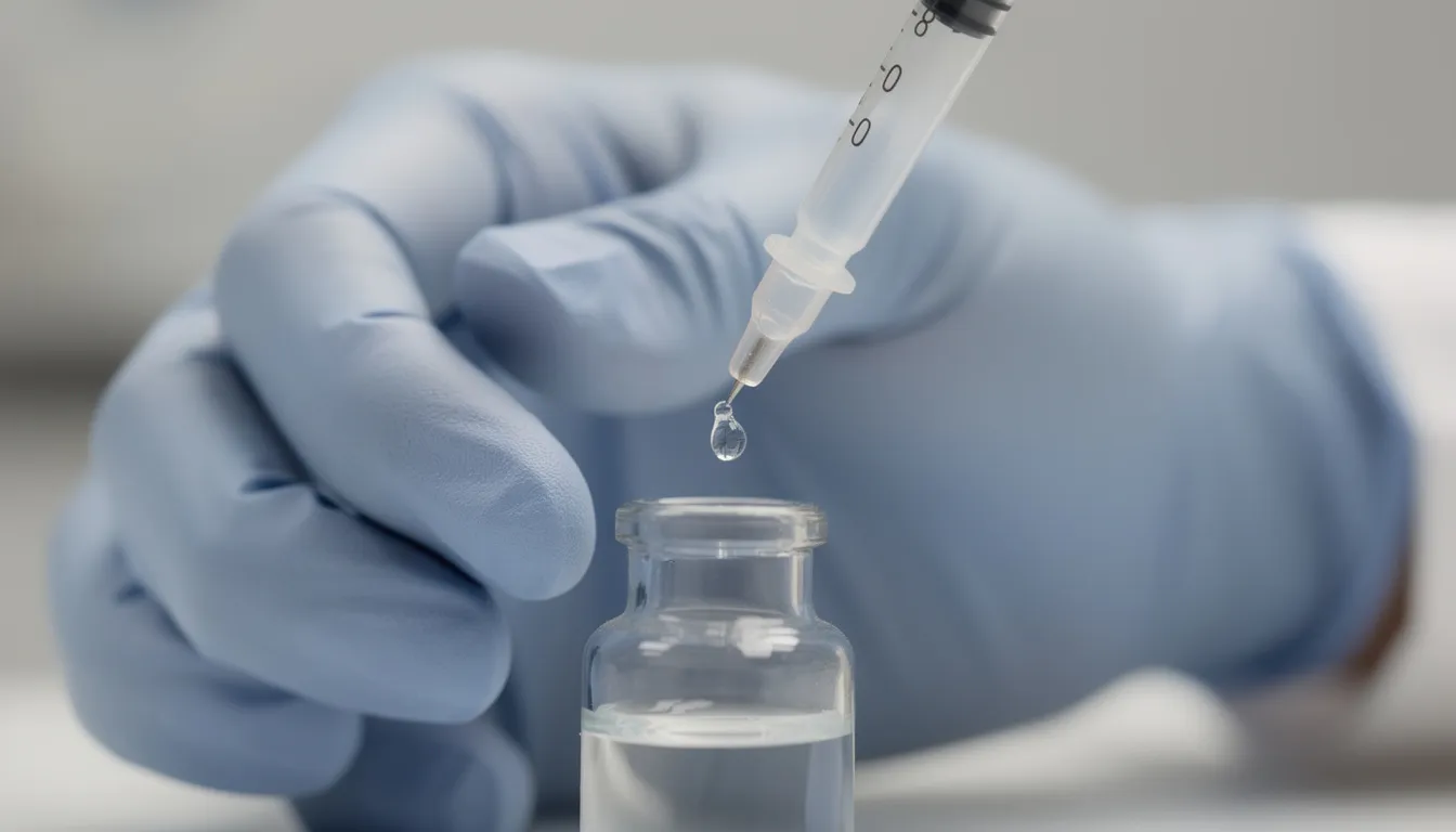 The image depicts gloved hands carefully transferring liquid from a syringe into a small glass vial, a process essential for reconstituting lyophilized peptides for peptide therapy. This meticulous action ensures the precise peptide dosage needed for research or health applications.