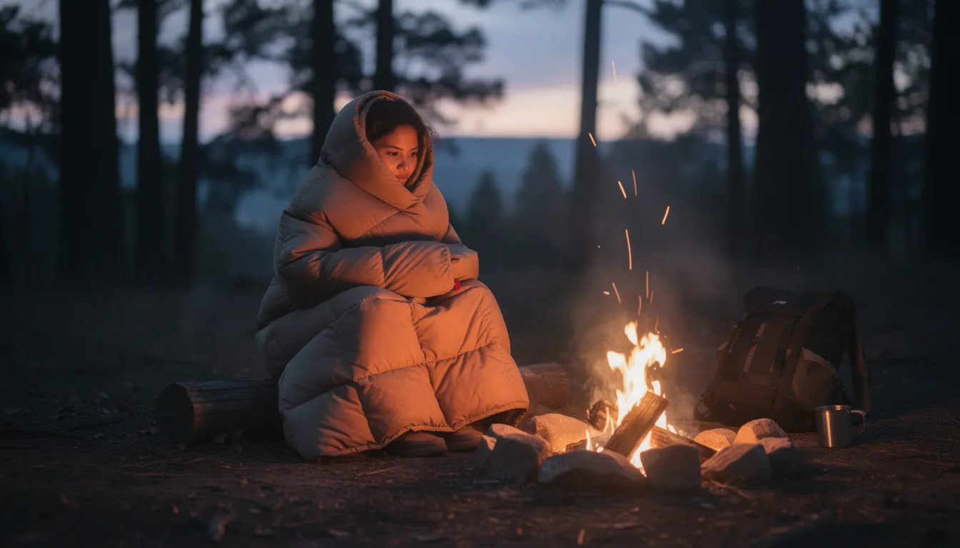 A person is cozily wrapped in a puffy blanket, sitting by a campfire as dusk settles in, surrounded by the serene beauty of the great outdoors. The warm glow of the fire contrasts with the cool evening air, creating a perfect setting for outdoor adventures.
