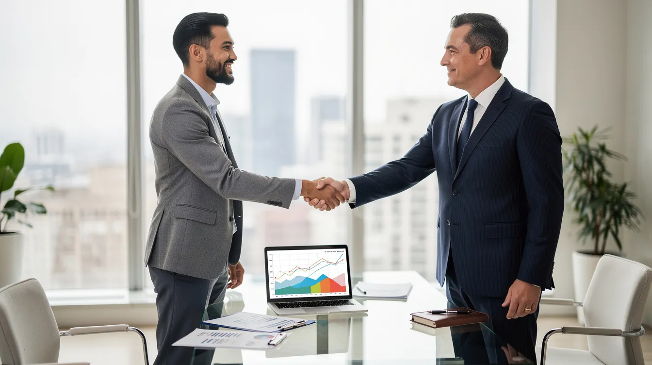 The image depicts a person confidently shaking hands with a financial advisor in a modern office setting, symbolizing a professional partnership. The atmosphere reflects a sense of collaboration and trust, which is essential for individuals seeking advice on their financial future.