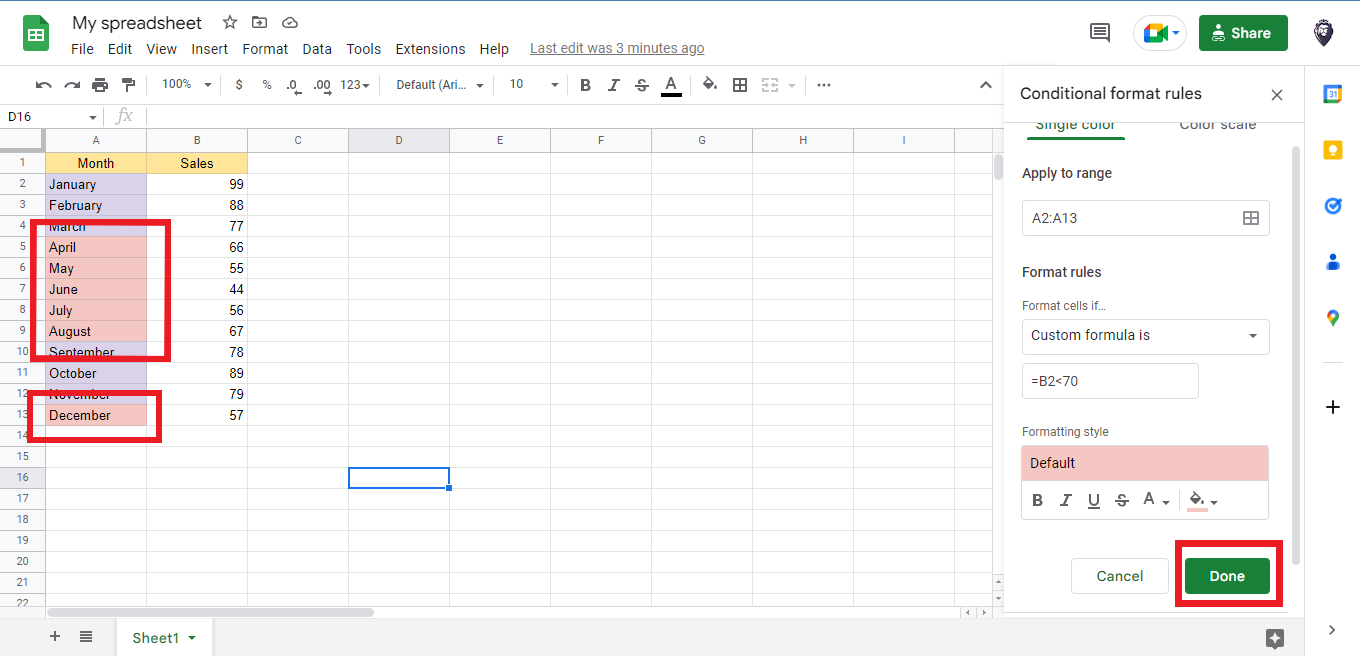 google sheets conditional formatting based on another cell