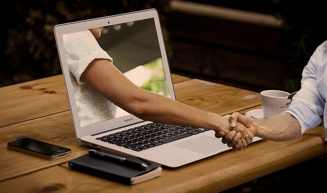 handshake, hands, laptop