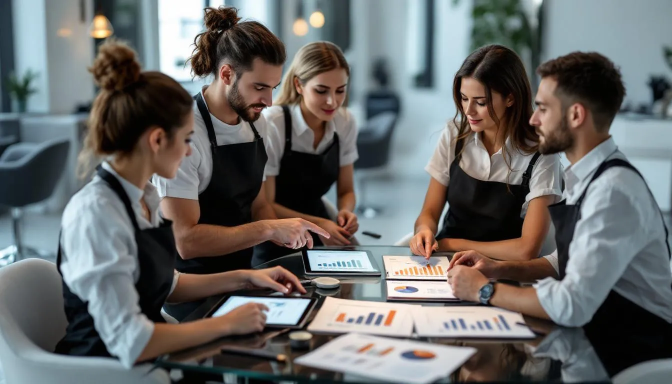 Una reunión de equipo en un salón donde se discuten gráficos de rendimiento y métricas relacionadas con la mano de obra y la retención de clientes. Los empleados analizan datos y recomendaciones para mejorar el servicio y alcanzar los objetivos de negocio.