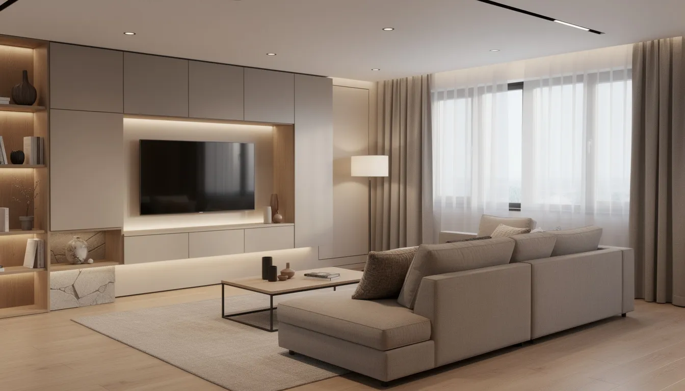 De afbeelding toont een moderne woonkamer met een strakke cinewall in neutrale tinten, die perfect past bij de grote bank en de warme verlichting. De cinewall is voorzien van een elektrische sfeerhaard en akoestische wandpanelen, waardoor een stijlvolle en opgeruimde uitstraling ontstaat.