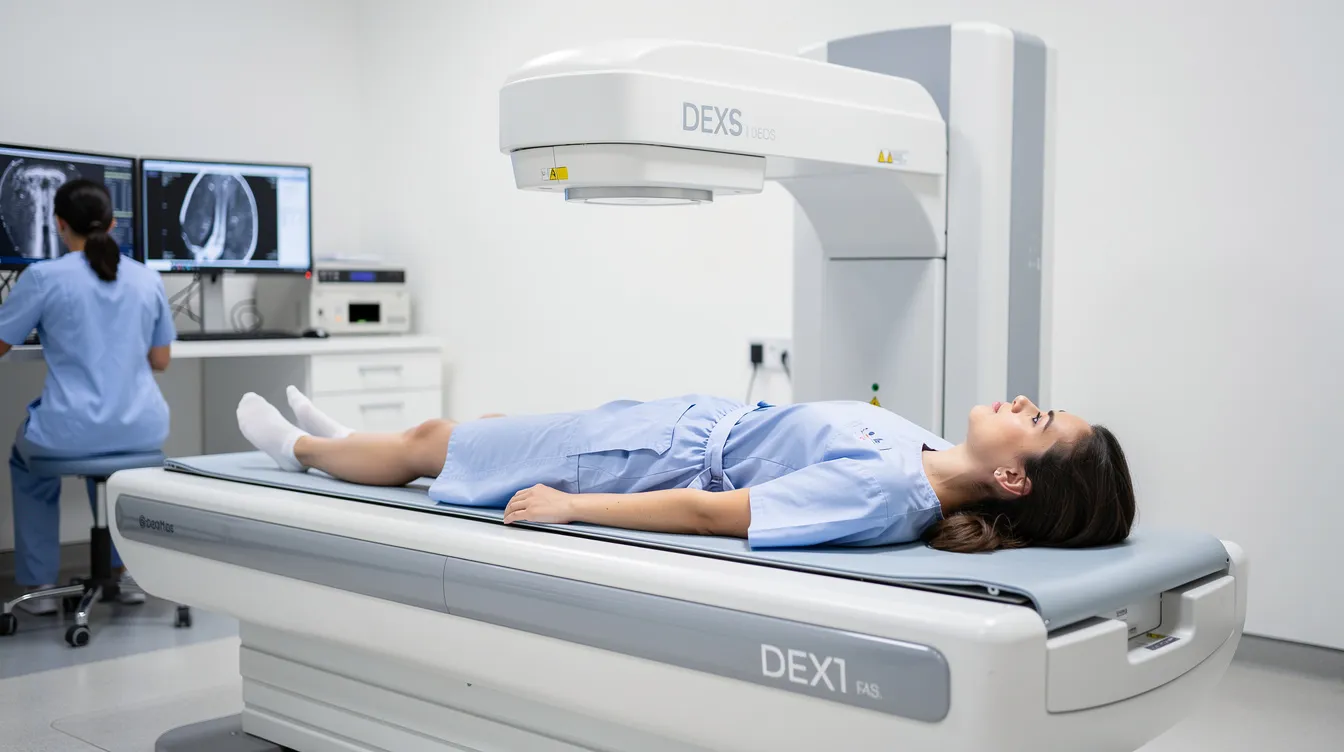 A person is lying on a DEXA scanning machine in a clinical setting, where body composition measurements are taken to assess factors such as body fat, muscle mass, and bone density. This scan helps evaluate health risks related to visceral fat and overall metabolic health.