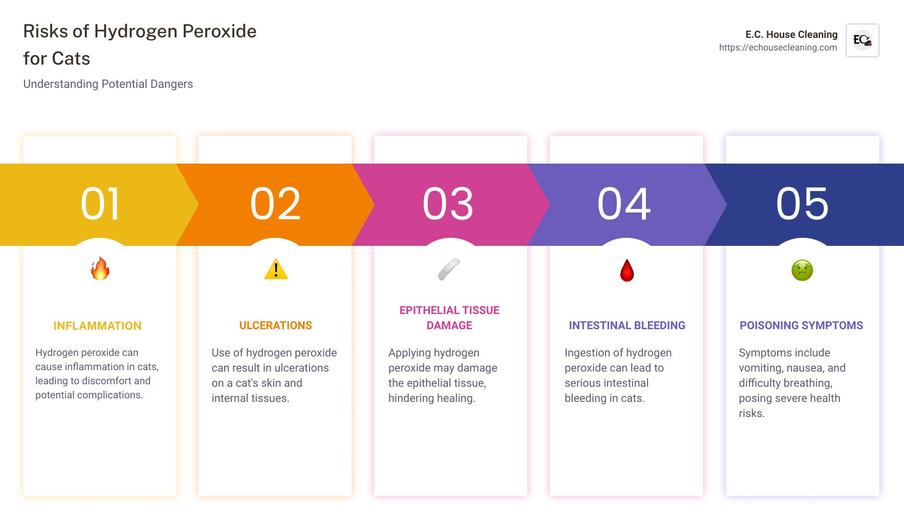 Infographic on Risks of Hydrogen Peroxide for Cats: Includes Inflammation, Ulcerations, Epithelial Tissue Damage, Intestinal Bleeding, and Poisoning Symptoms such as Vomiting, Nausea, and Difficulty Breathing - is hydrogen peroxide safe for cats infographic pillar-5-steps