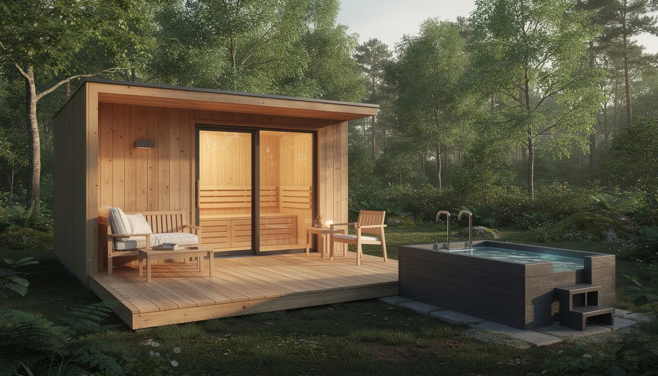 The image depicts a rustic outdoor sauna building made of wood, featuring a spacious deck with seating areas and a cold plunge tub, all surrounded by lush trees, creating a serene sauna experience in a natural setting. This inviting space is designed for relaxation and wellness, ideal for enjoying the warm atmosphere of the sauna room.
