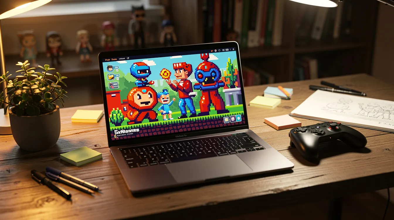 A laptop showing colourful pixel art next to a game controller
