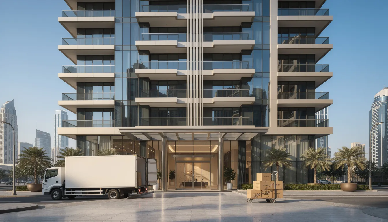 A modern high-rise apartment building in Dubai stands tall, with a moving truck parked at its entrance, ready to assist with the relocation process. This scene highlights the importance of professional packing services and experienced movers in ensuring that household items are transported safely to a new location.