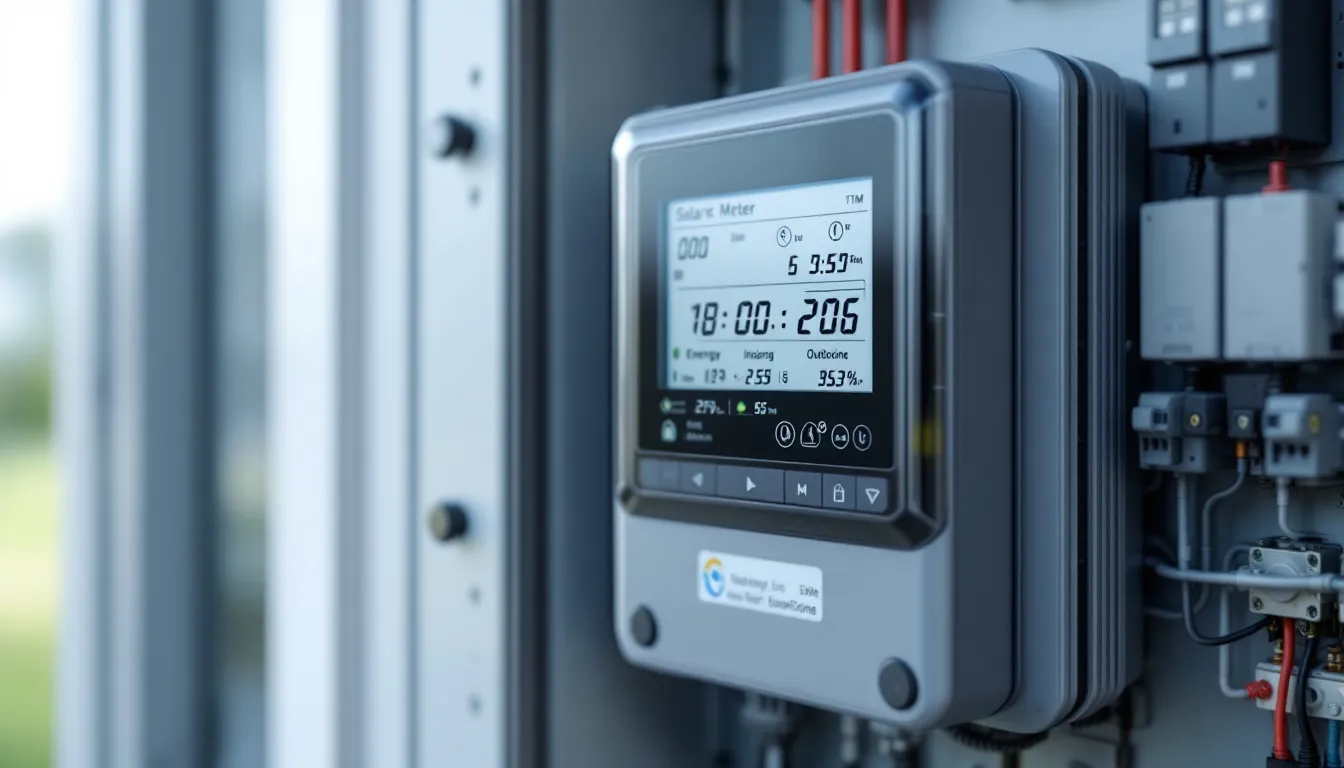 In der Abbildung ist ein digitaler Stromzähler mit bidirektionaler Messung zu sehen, der für Solaranlagen konzipiert ist. Der Zähler zeigt die Leistung und den Energieverbrauch an, was für die Installation einer Plug and Play Photovoltaikanlage in einem Haushalt wichtig ist.