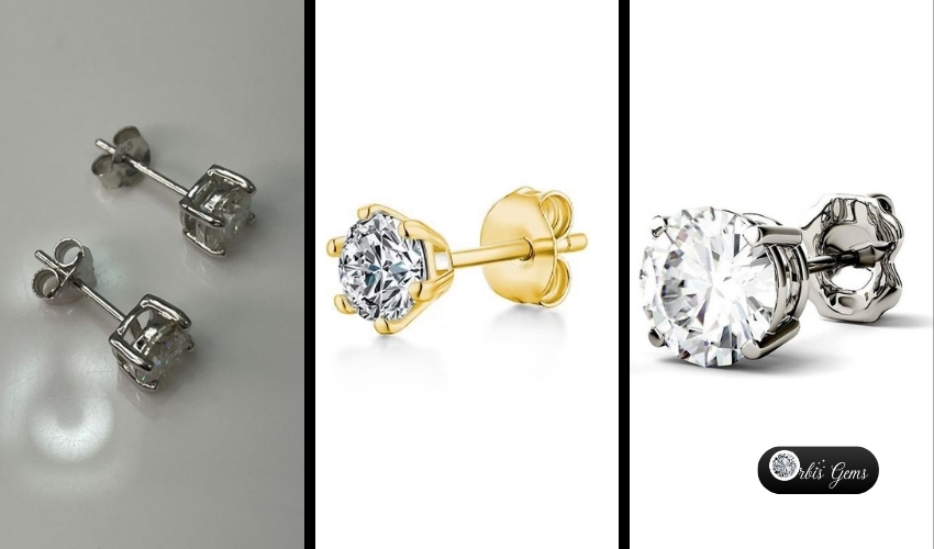 Three pairs of moissanite stud earrings in different settings: silver basket, gold classic, and silver prong, presented in a gradient display by Orbis Gems in a post about rise of moissanite stud earrings