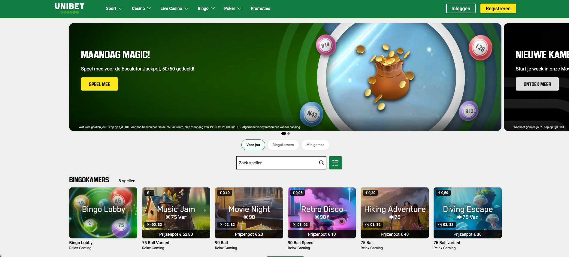 Overzicht van Unibet bingo, met promotie voor Maandag Magic en de Escalator Jackpot, en verschillende bingo kamers zoals Bingo Lobby, Music Jam, Movie Night en Retro Disco met 75-ball en 90-ball bingo varianten.