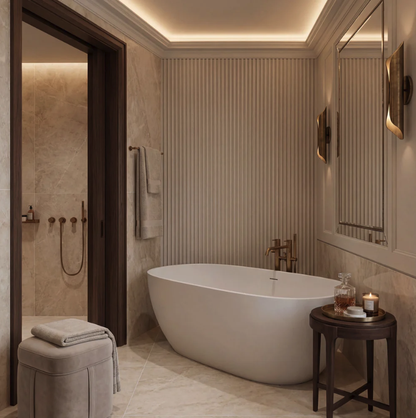 Hoxton Porcelain Amber Linear Decor Matt bathroom tiles from Hyperion Tiles