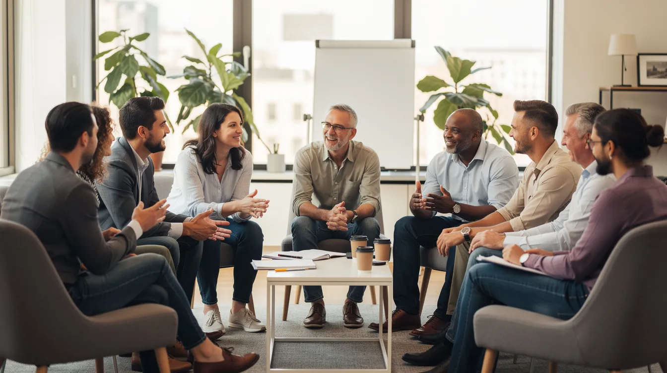 Een groep mensen zit in een kring tijdens een informele vergadering, waarbij ze actief betrokken zijn in een gesprek. Deze setting benadrukt de waarde van interne communicatie en het delen van verhalen, wat leidt tot een diepere verbinding en emotionele impact tussen de deelnemers.