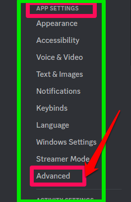 Picture showing the advanced settings on the Discord app