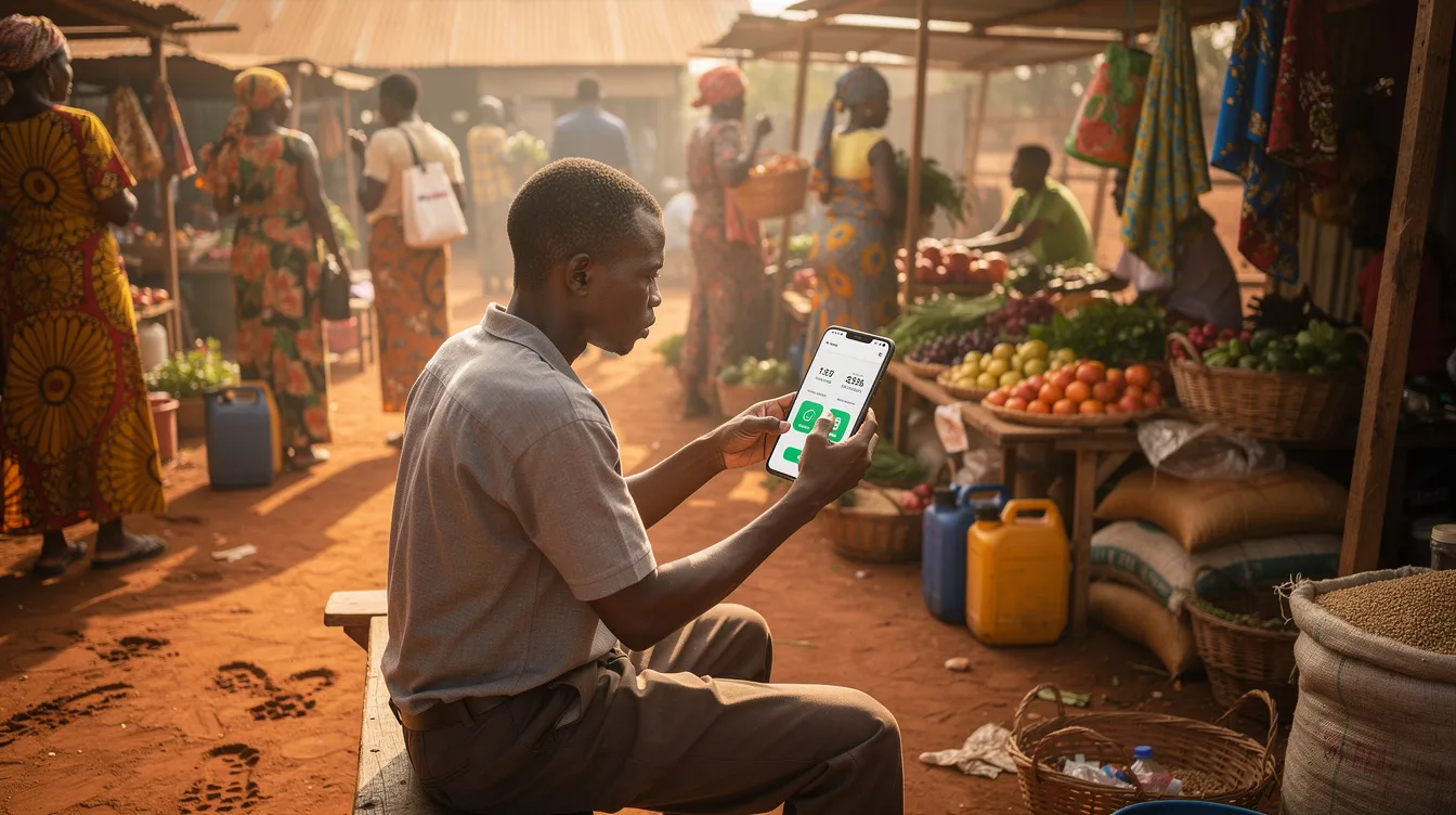 A person is sitting in a bustling rural market in East Africa, using a smartphone to access mobile banking services for personal banking. The scene highlights the convenience of online banking as they manage their transactions securely, reflecting the growing digital services available in Uganda.