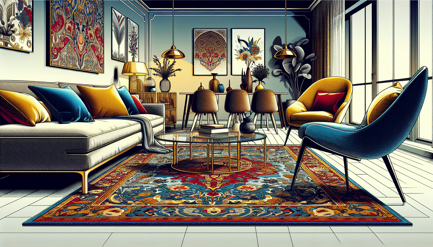 Vibrant rug serving as a focal point in a stylish living room