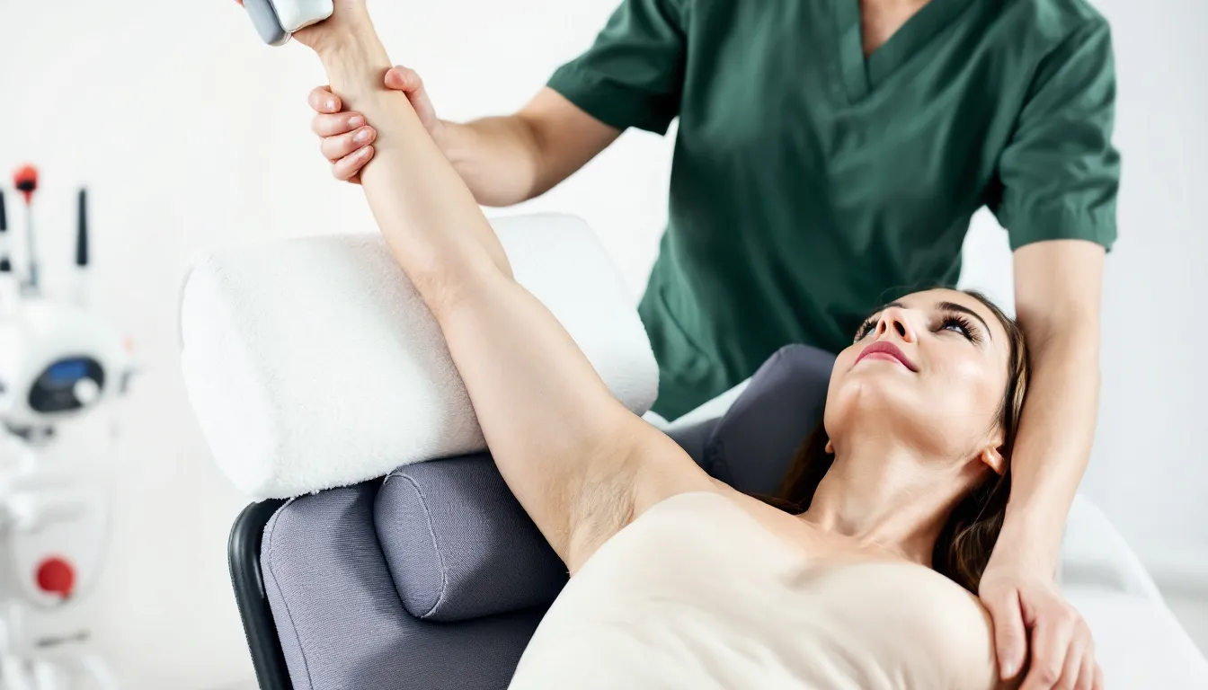 A patient is receiving muscle scraping therapy on their shoulder, demonstrating proper positioning and technique while a physical therapist applies a specialized scraping tool to promote healing and improve blood circulation in the affected area. This treatment aims to alleviate pain, reduce scar tissue, and enhance tissue mobility for better muscle recovery.